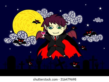 Dracula sipping wine in a good mood In the graveyard at night 