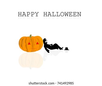 Dracula sitting with the pumpkin and cat on drawing illustration vector isolated background for happy Halloween holidays
