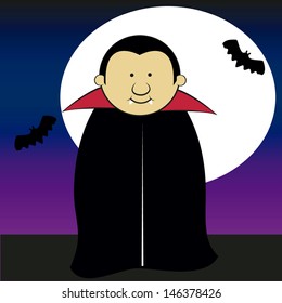 dracula smiling on a moonlit night with bats.