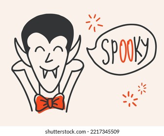 Dracula with spooky speech bubble hand drawn vector character. Cute evil with fangs and lettering.