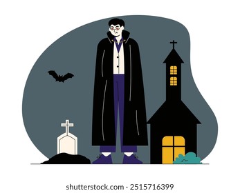 Drácula de pie frente a una casa abandonada y al lado de una tumba por la noche, aura espeluznante, Ilustración vectorial espeluznante.