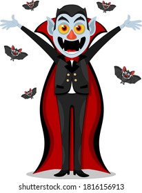 Drácula se levanta con las manos levantadas sobre un blanco, rodeado de murciélagos. Halloween