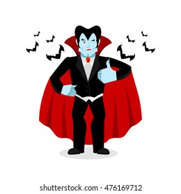 Dracula Thumbs up shows well. Vampire winks. Sign all right. Jolly Good ghoul. Mimicry smile on his face. Gesture hands okay. Illustration for halloween.