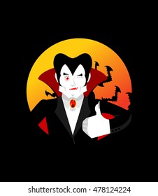 Dracula Thumbs up shows well. Vampire winks. Sign all right. Jolly Good ghoul. Mimicry smile on his face. Gesture hands okay. Illustration for halloween. Bats and bloody moon