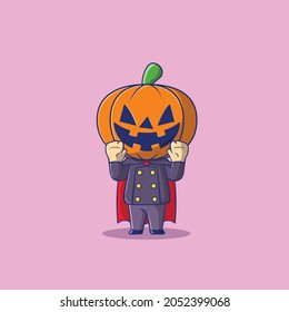 Drácula usando calabazas casco Icono de vector realista ilustración de Halloween. Estilo de caricatura plano adecuado para la página de aterrizaje web, pancarta, volante, adhesivo, tarjeta	
