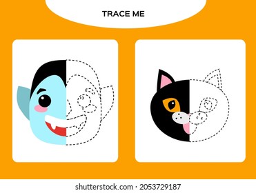 Dracula Vampire and Black cat worksheet. Education Game for Children. Happy Halloween game. Super motor skills. Tracing Worksheet.