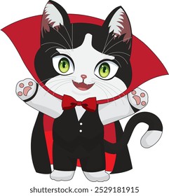 Dracula vampire cat halloween costume vector, cute illustration