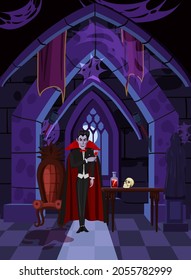 Dracula vampire character welcomes guests in black red cape with wineglass in dark castle window, moon, interior. Vector illustration cartoon style isolated