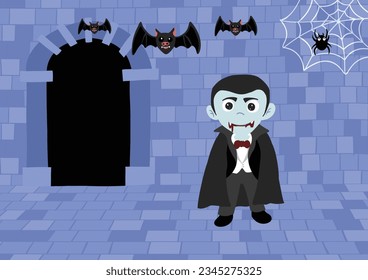 Dracula Vampire and Flying Bats in Castle, Vector Illustration 