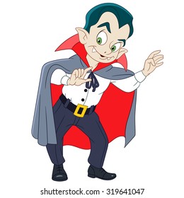 Dracula. Vampire. Halloween character. Colorful cartoon design for kids activity book, coloring page, colouring picture. Vector illustration for children.