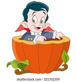 Dracula Vampire. Halloween Pumpkin. Cartoon character isolated on white background. Colorful design for kids activity book, coloring page, colouring picture. Vector illustration for children.