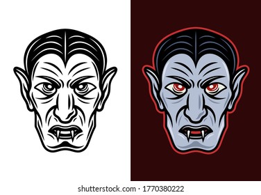Dracula vampire head in two styles black on white and colored on dark background vector illustration