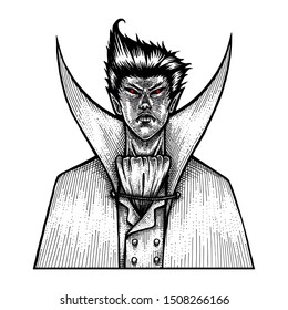 The Dracula, Vampire, Monochrome Illustration, Hand Drawn, Isolated Vector, Halloween