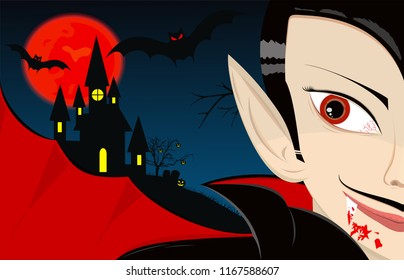 Dracula, the vampire see the red moon and the castle.