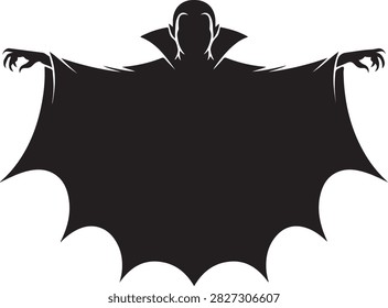 Dracula vampire silhouette vector illustration showing an imposing caped figure in a minimalist black ink design