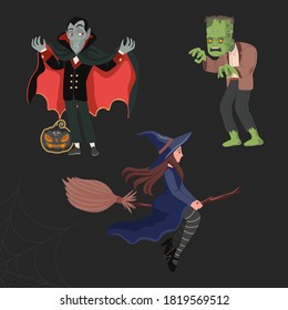 Drácula o vampiro, una bruja en un palo de escoba y un monstruo aterrador verde - Frankenstein. Vector feliz de Halloween