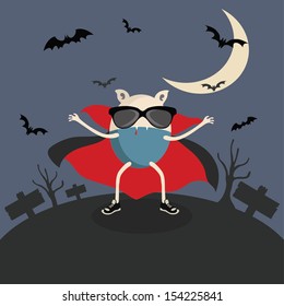 Dracula vector cartoon in grave yard.