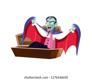 Dracula waking up in coffin. Halloween cartoon character flat vector illustration. Halloween party concept.