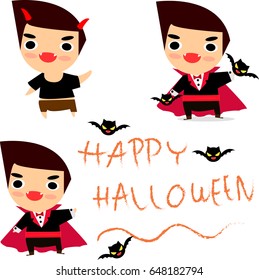 Dracula wearing black and red cape. Cute cartoon vampire character with fangs. bat animal. Happy Halloween. Flat design. White background. Isolated.