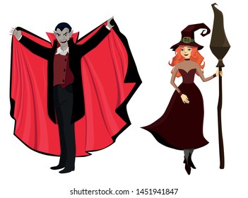 Dracula and the witch. Halloween characters. Isolate on white background. Vector graphics.