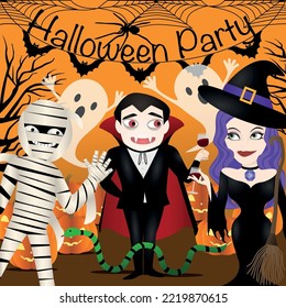 A Dracula, witch, mummy and scary ghost cartoon characters have a fun party at halloween day.