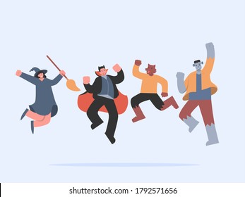 Dracula and witch and werewolf and Frankenstein jumping with cheerful. Concept illustration about fancy character of people jumping in Halloween theme party.