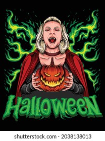 Dracula Woman holding halloween pumpkin