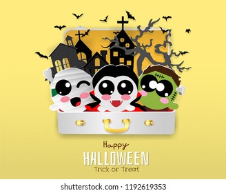 dracula,bat,mummy,zombie in travel bag,halloween,trick or treat