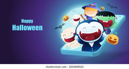 Dracula,mummy,frankenstein,wich,ghost and pumpkin character on mobile for halloween