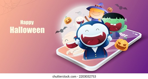 Dracula,mummy,frankenstein,wich,ghost and pumpkin character on mobile for halloween