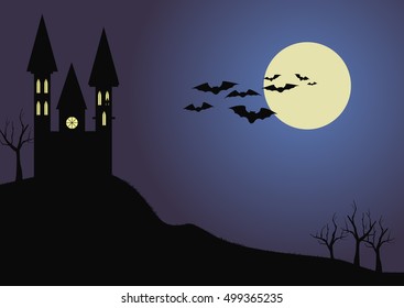 Dracula's Castle, the moon and bats. Flat vector illustration