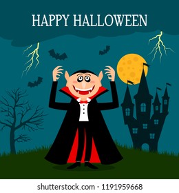 Dracula's castle on the mountain and Count Dracula in a black and red cloak. concept of the holiday of Helouin. flat vector illustration