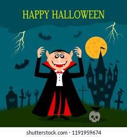 Dracula's castle on the mountain and Count Dracula in a black and red cloak. concept of the holiday of Helouin. flat vector illustration