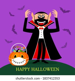 Dracula's castle on the mountain and Count Dracula in a black and red cloak and a medical mask. halloween stay at home concept and covid19. vector illustration