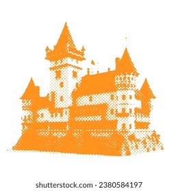 Dracula's sinister castle - Halloween halftone dotted realistic clipart. Offset texture Vintage illustration in 90s grunge style.