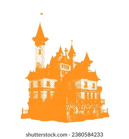 Dracula's sinister castle - Halloween halftone dotted realistic clipart. Offset texture Vintage illustration in 90s grunge style.