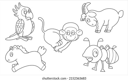 Draft Animal Outline Vector Set 45 ( Ant Monkey Goat Horse Parrot )