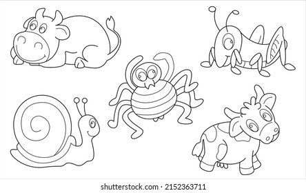 Conjunto de vector de contorno animal de dibujo 48 (araña caracol saltamontes hipopótamo de vaca)