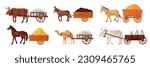 Draft animals cart. Yoke oxen pulling carts, village horse farm power cattle for work, indian bull historical medieval transport asian cow ox working, ingenious vector illustration of cart animals