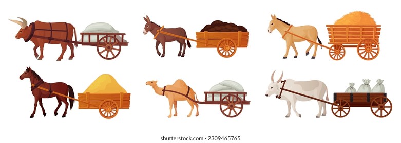 Draft animals cart. Yoke oxen pulling carts, village horse farm power cattle for work, indian bull historical medieval transport asian cow ox working, ingenious vector illustration of cart animals svg