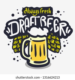 Draft Beer Hand Drawn Vector Design On A White Background With A Mug Of Beer And Beer Hops