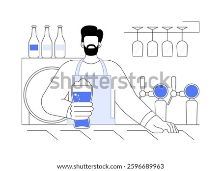 Draft beer isolated cartoon vector illustrations. Smiling bartender holding glass of draft beer with froth, offering alcohol drink in pub, refreshing beverage, small brewery vector cartoon.