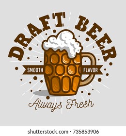 Draft Beer Logo Label Design  With A Mug Or A Krug Of Beer With Foam Illustration. Vector Graphic.