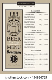 draft beer menu with price list and picture barrel with a tap