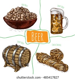 Draft beer and snack products illustration. Vector colorful illustration of beer and snack product