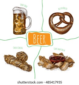 Draft beer and snack products illustration. Vector colorful illustration of beer and snack product