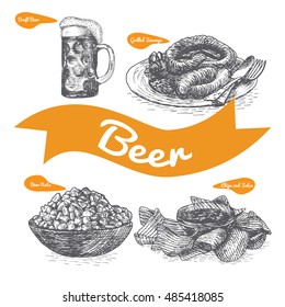 Draft beer and snack products illustration. Vector colorful illustration of beer and snack product