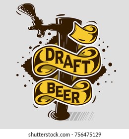 Draft Beer Tap Artistic Cartoon Tatoo Style  Print Poster Design  With Banner For Your  Message. Vector Image.