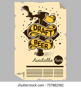 Draft Beer Tap Machine Illustration Poster Flyer Design For Promotion For Restaurants Pubs Clubs. Vector Graphic.