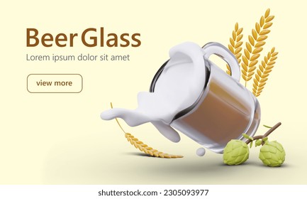 Draft beer in tilted glass mug. Horizontal banner template with colored 3D elements. Bulky ears of wheat, cones of hops, beer with white foam. Illustration on light yellow color with text